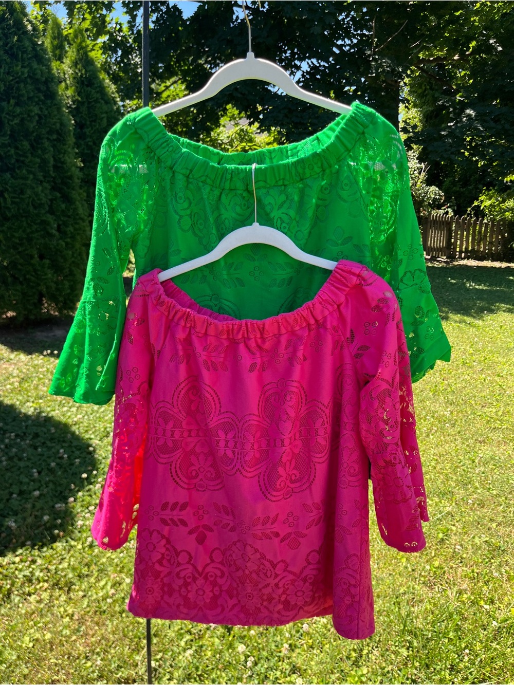 New York & Company Pink and Green Lace Tops - Duo. Can be on or off shoulder.